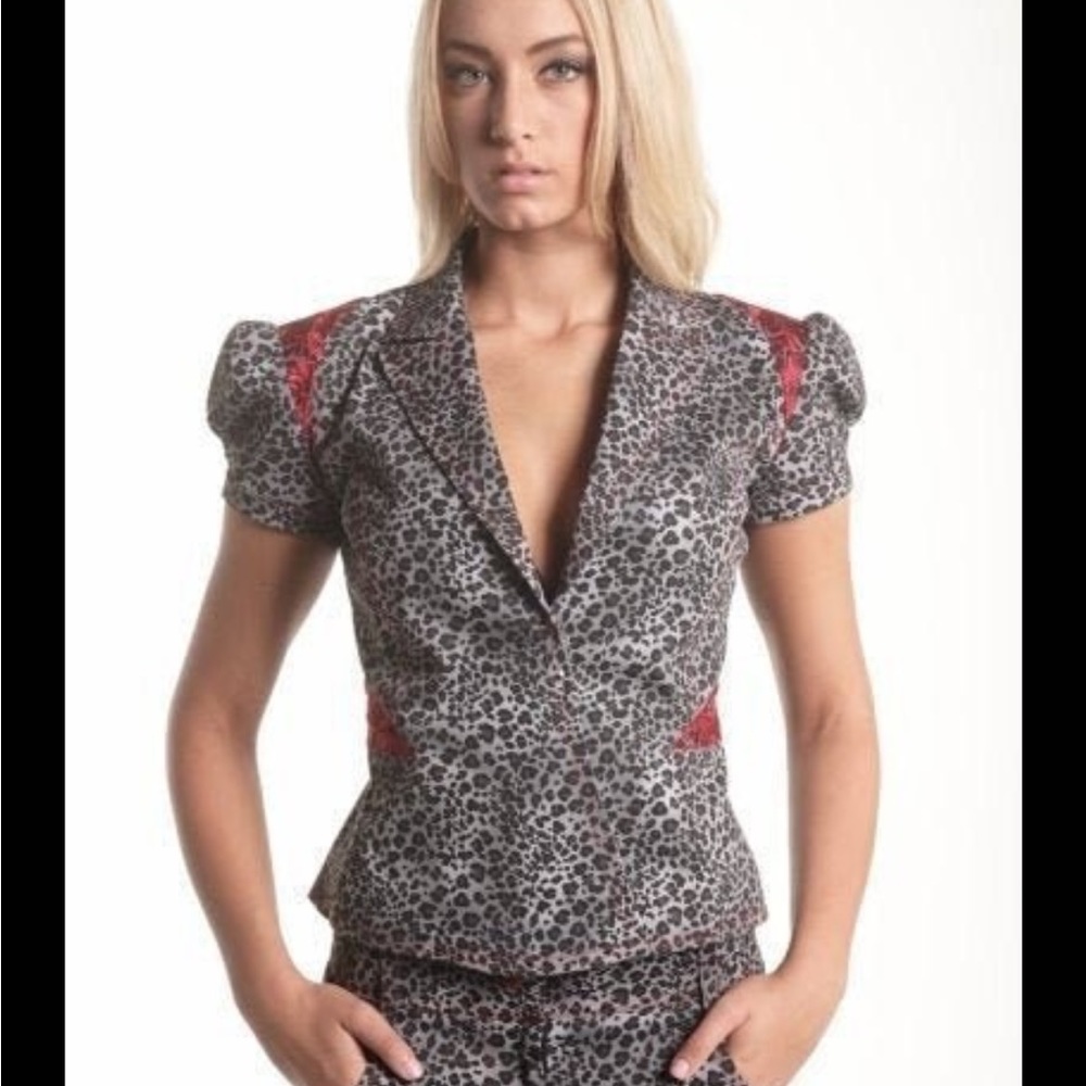 Lucia’s Sarto Cheetah animal print short puff sleeve red and gray jacket